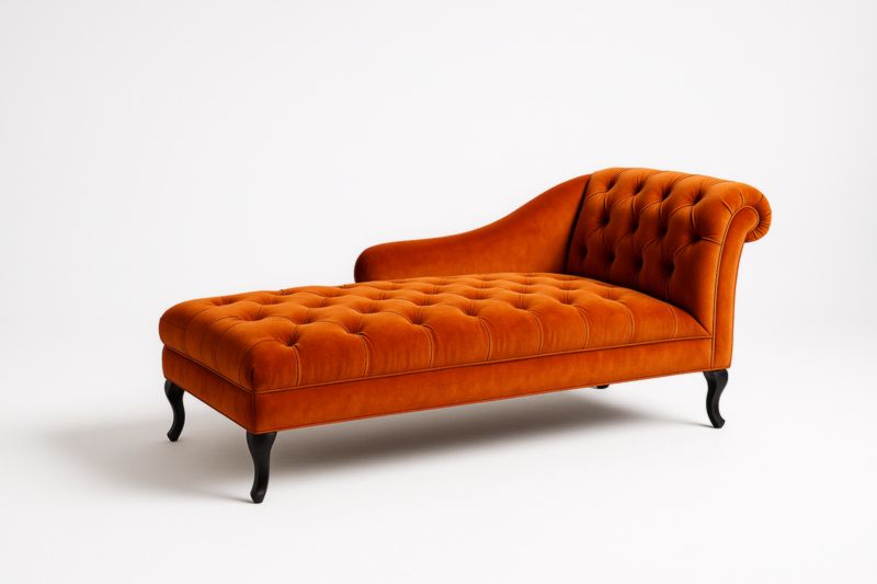Méridienne velours orange avec pieds en bois courbés