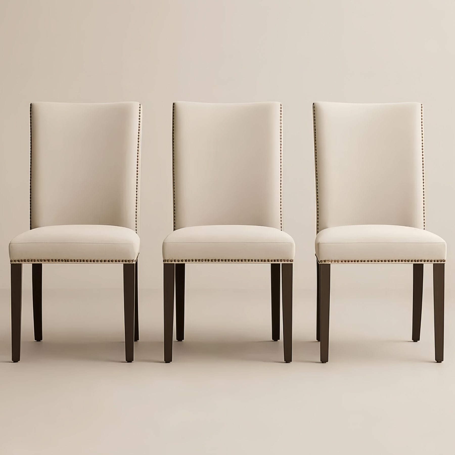 Set di 3 Sedie da Pranzo in Legno Massello e Tessuto Beige