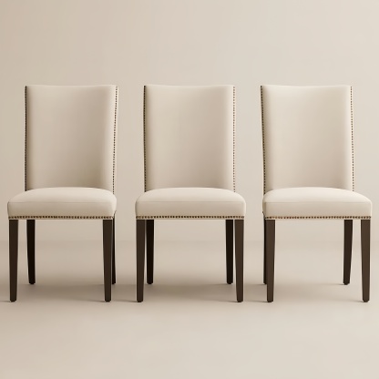 Set di 3 Sedie da Pranzo in Legno Massello e Tessuto Beige