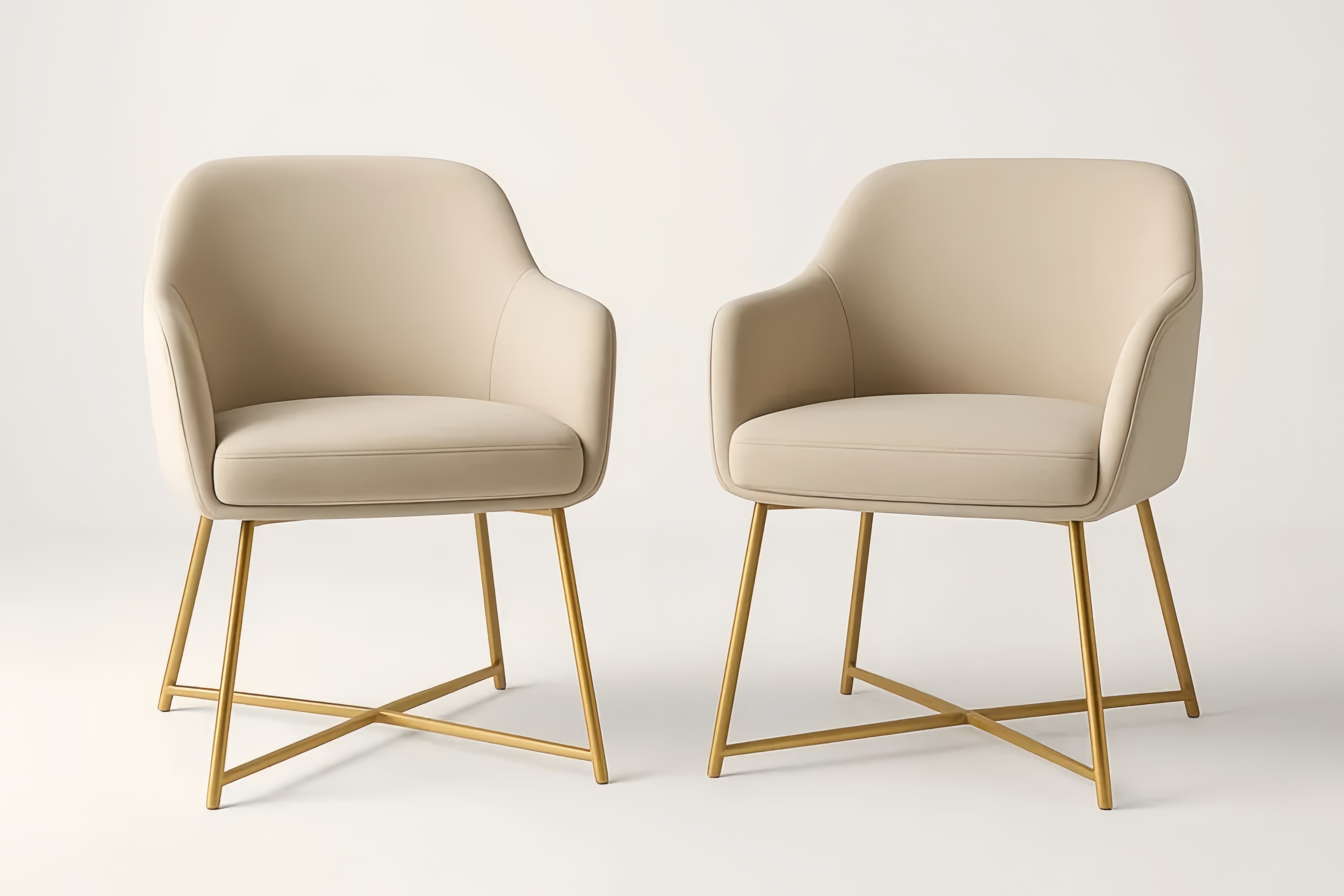 Sedie in Tessuto Beige con Base in Metallo Dorato, Set di 2