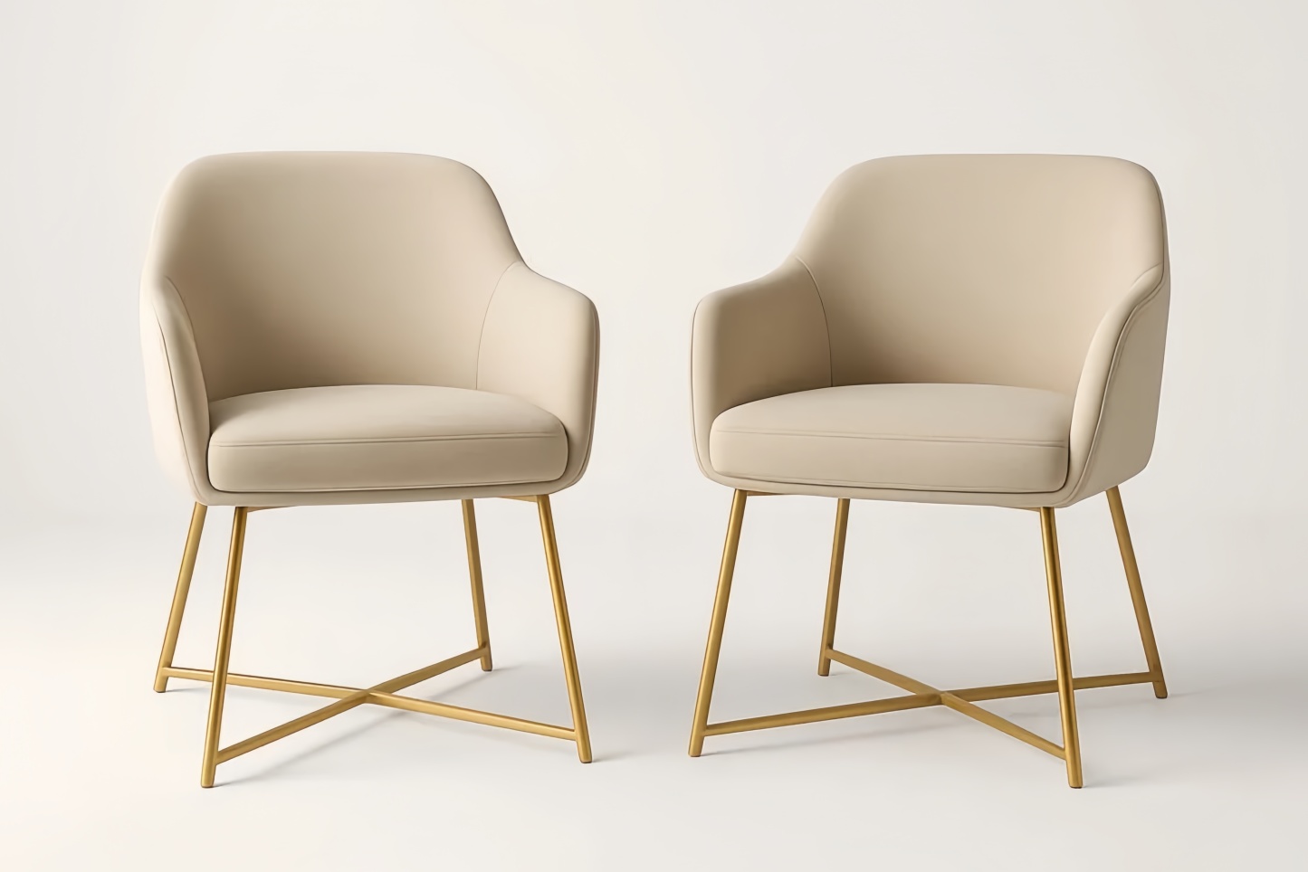 Sedie in Tessuto Beige con Base in Metallo Dorato, Set di 2