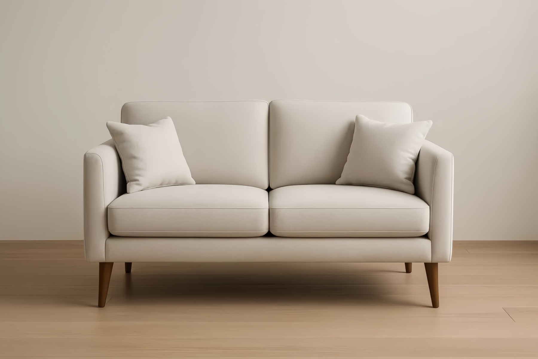 Divano a 2 posti in tessuto beige con gambe in legno