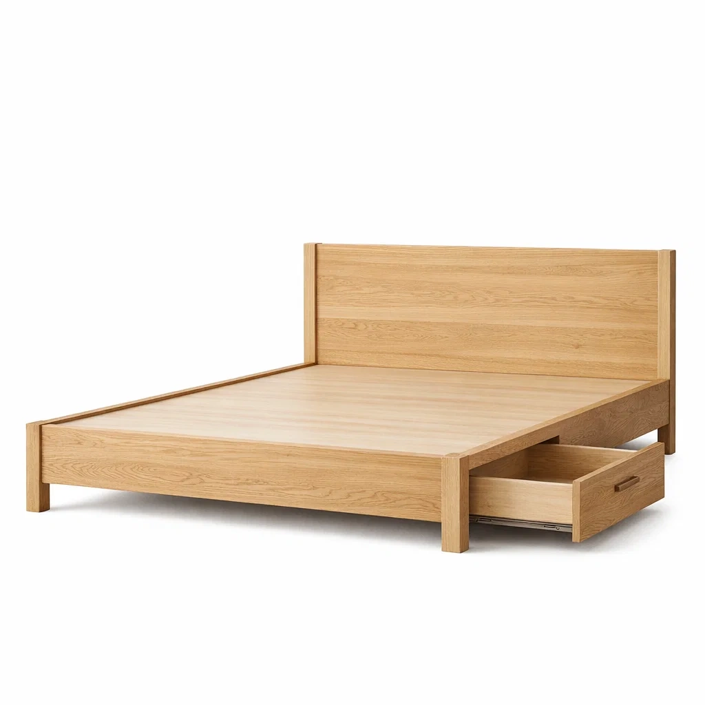 Storage Bed Oak Wood Double with Storage Drawers-FURNIAURA