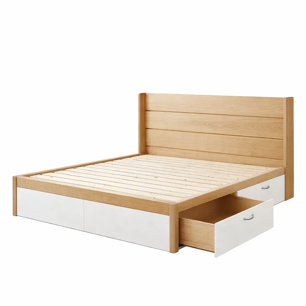 Storage Bed Wooden Double Frame with Headboard and Storage Drawers Oak/White-FURNIAURA