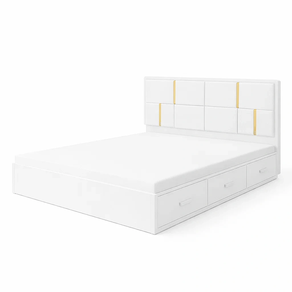 Storage Bed White with Upholstered Headboard and Drawers-FURNIAURA