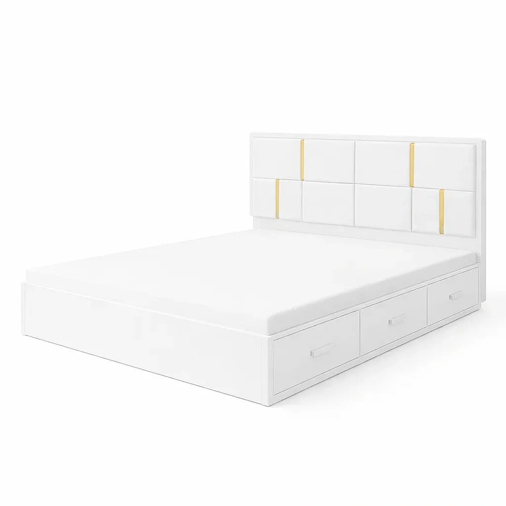 Storage Bed White with Upholstered Headboard and Drawers-FURNIAURA