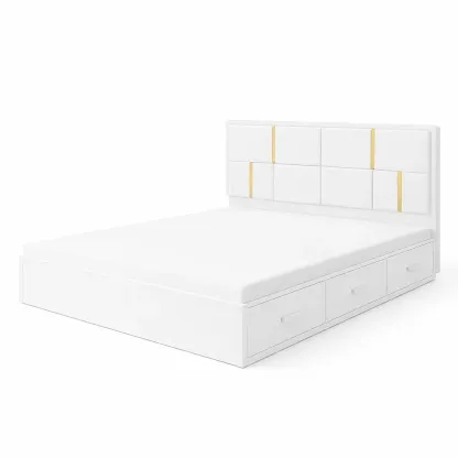 Storage Bed White with Upholstered Headboard and Drawers-FURNIAURA