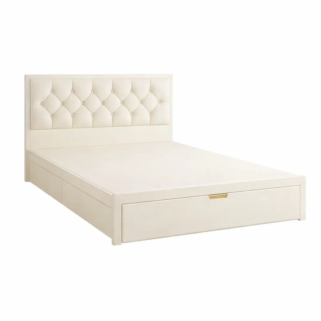 Storage Bed Upholstered Double Frame with Tufted Headboard Cream-FURNIAURA