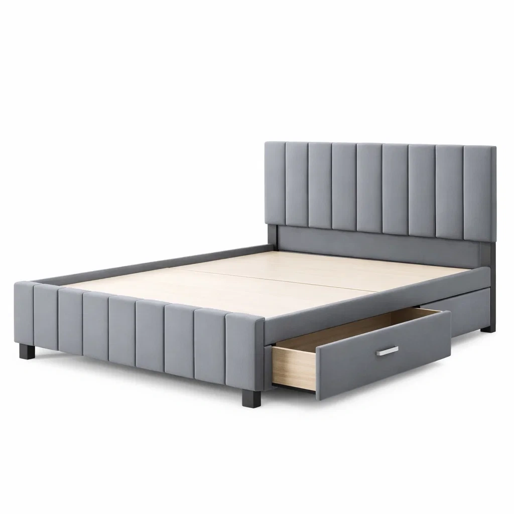 Storage Bed Double Frame Faux Leather Grey with Storage Drawers-FURNIAURA