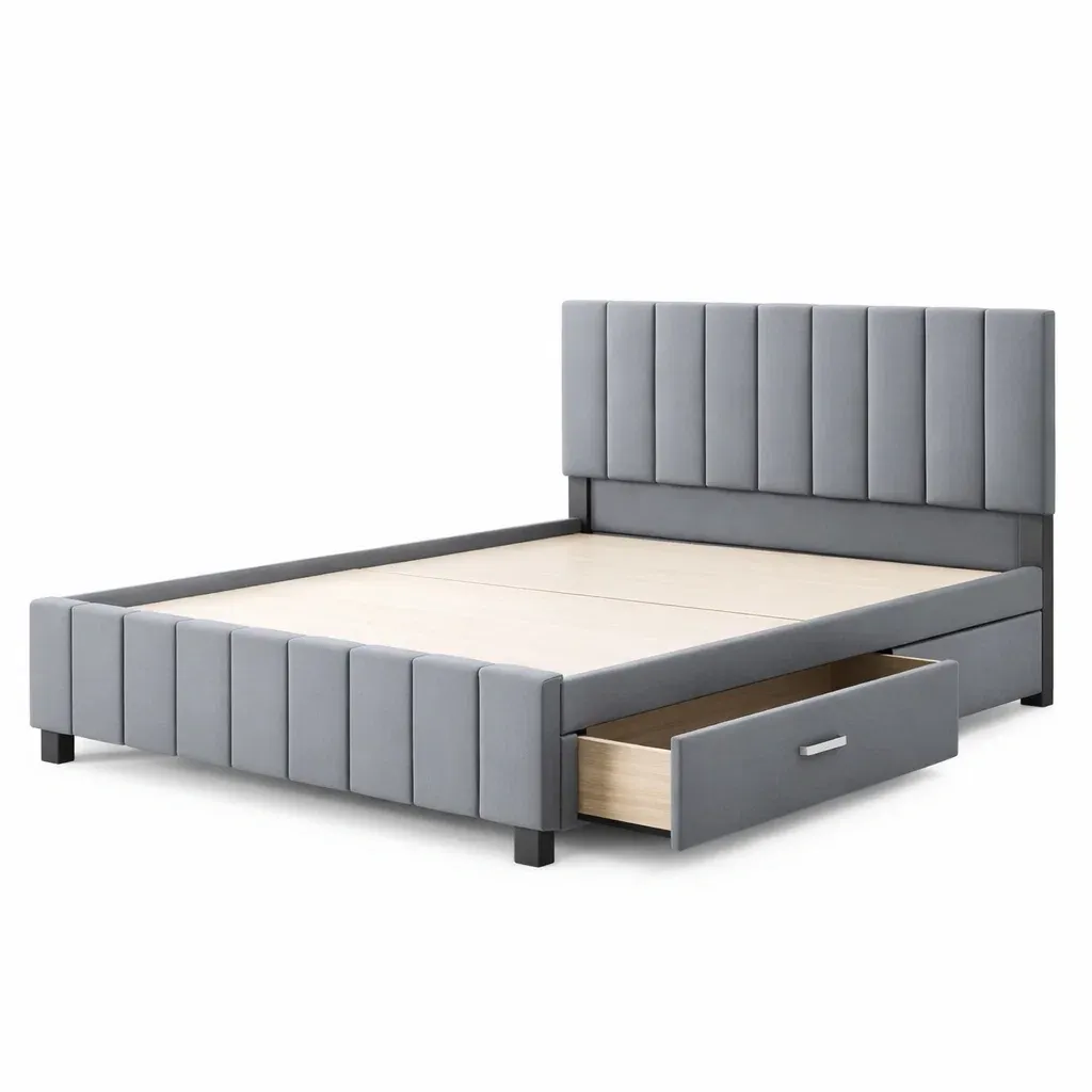 Storage Bed Double Frame Faux Leather Grey with Storage Drawers-FURNIAURA