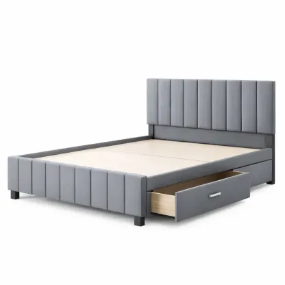 Storage Bed Double Frame Faux Leather Grey with Storage Drawers-FURNIAURA