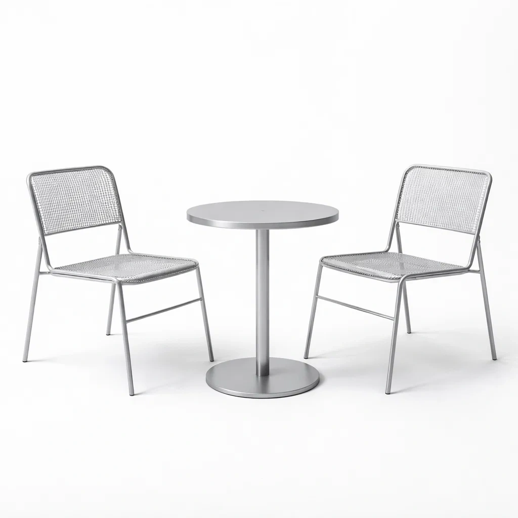 Table and Chair Set Metal Outdoor Bistro with Round Table and Mesh Chairs in Silver-FURNIAURA