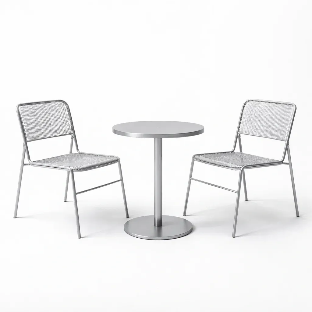 Table and Chair Set Metal Outdoor Bistro with Round Table and Mesh Chairs in Silver-FURNIAURA