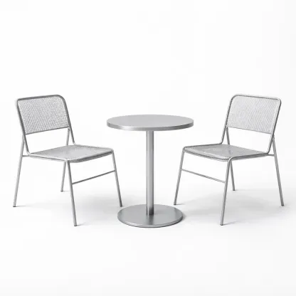 Table and Chair Set Metal Outdoor Bistro with Round Table and Mesh Chairs in Silver-FURNIAURA