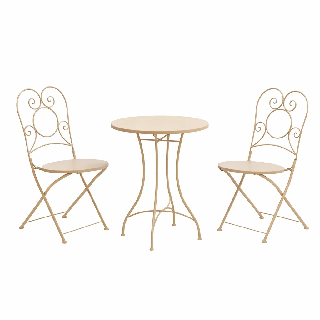 Table and Chair Set Metal Bistro Round Table and Two Chairs Beige-FURNIAURA