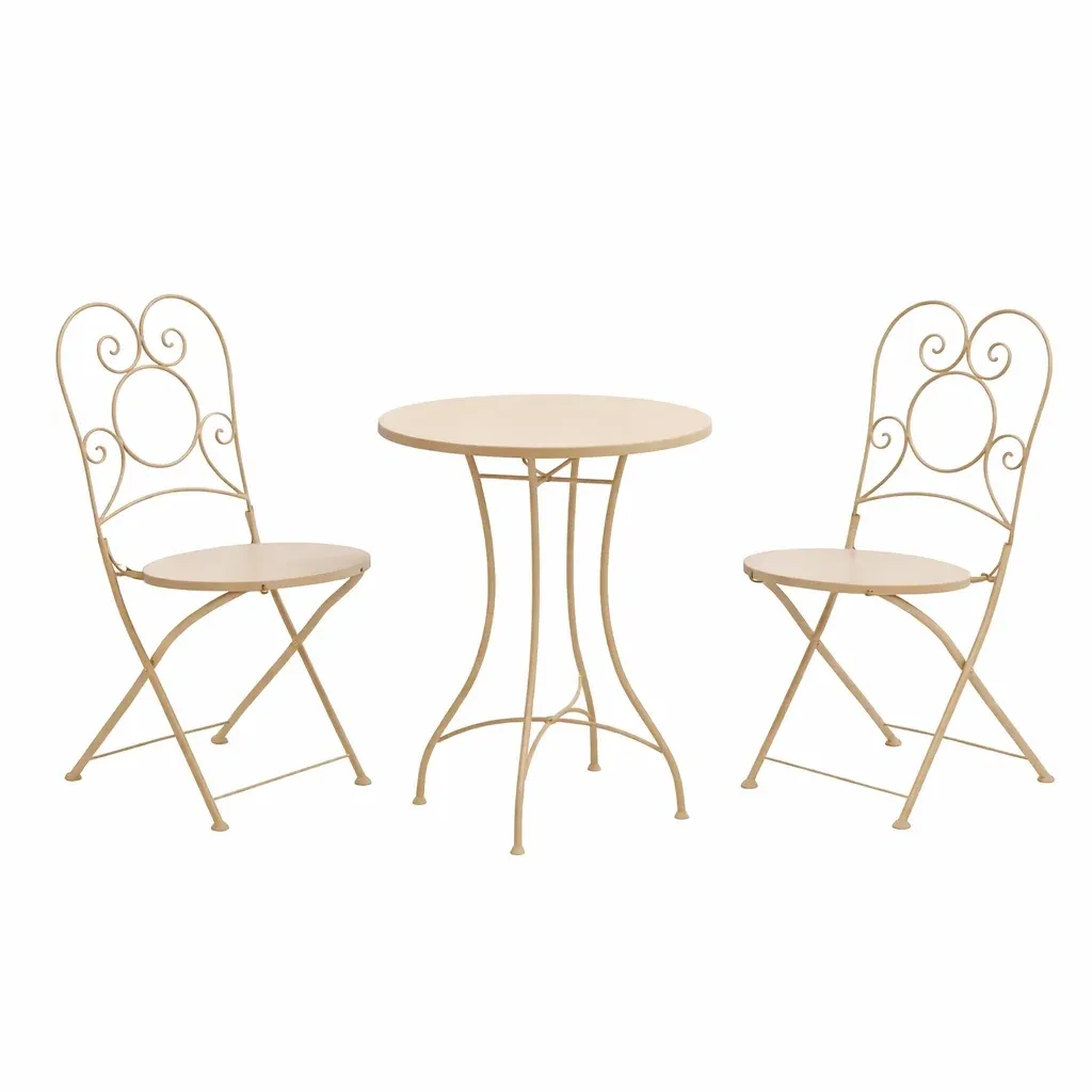 Table and Chair Set Metal Bistro Round Table and Two Chairs Beige-FURNIAURA