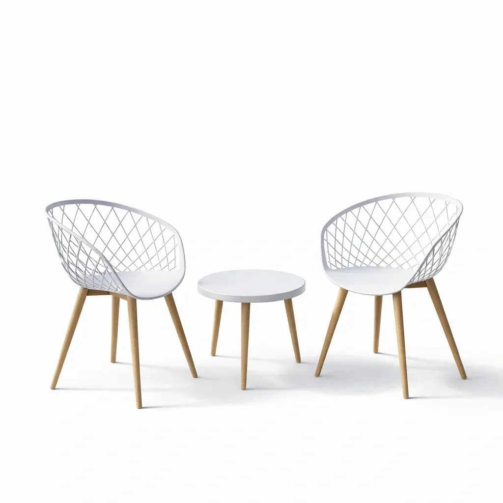 Table and Chair Set 3-Piece Patio with Round Table and 2 White Plastic Chairs-FURNIAURA