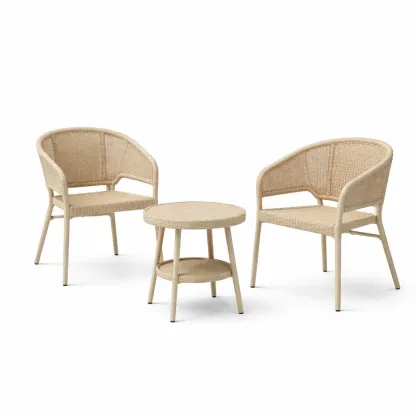 Table and Chair Set Rattan Bistro with Two Chairs and Round Table Natural Beige-FURNIAURA