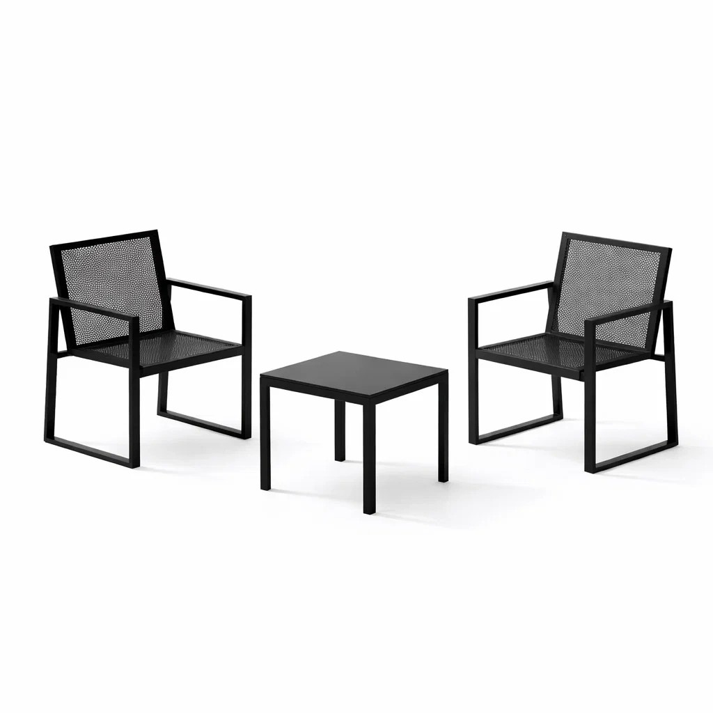 Table and Chair Set 3 Piece Black Steel Mesh Patio Chair and Table-FURNIAURA