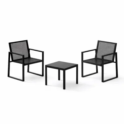 Table and Chair Set 3 Piece Black Steel Mesh Patio Chair and Table-FURNIAURA