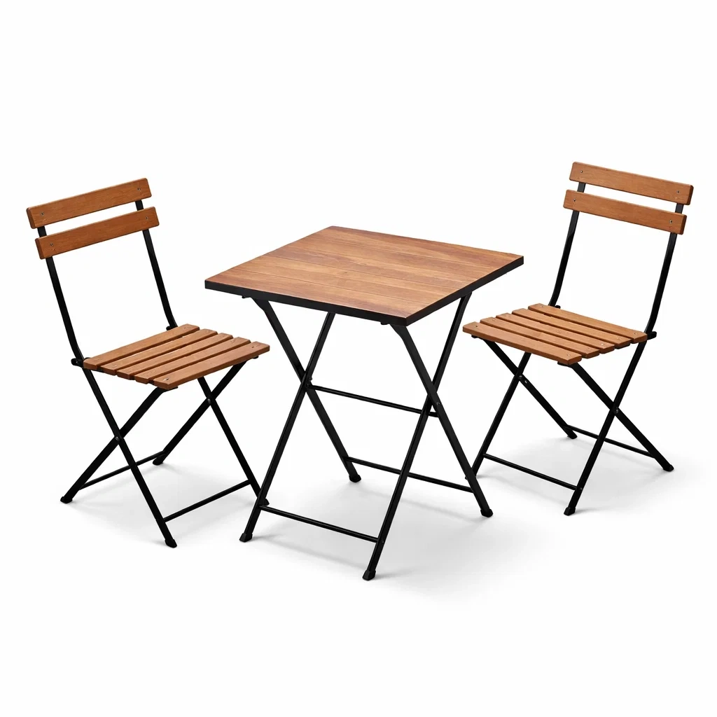 Table and Chair Set 3 Piece Folding Bistro Wood and Metal Square Table and Chairs-FURNIAURA