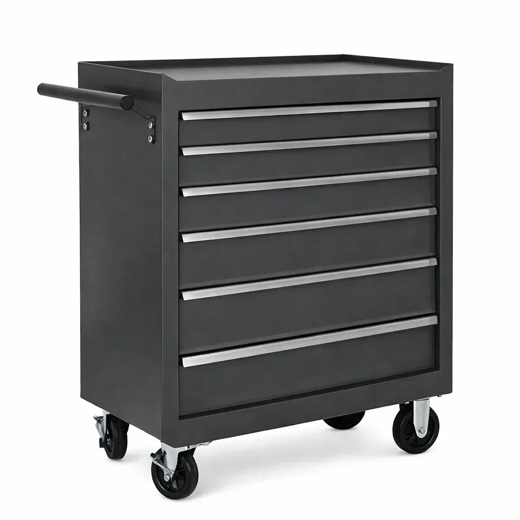 Tool Storage Black Steel Rolling Cabinet with 6 Drawers-FURNIAURA