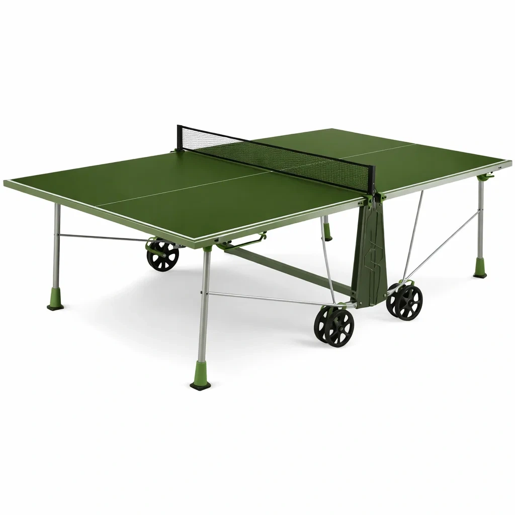 Outdoor Folding Table Tennis Table with Green Playing Surface, Steel Frame and Transport Wheels-FURNIAURA