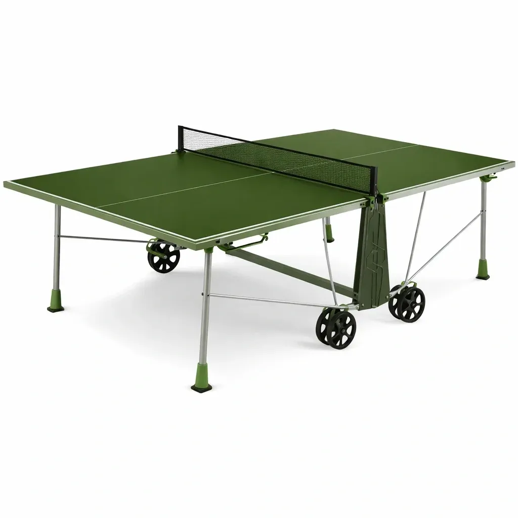 Outdoor Folding Table Tennis Table with Green Playing Surface, Steel Frame and Transport Wheels-FURNIAURA