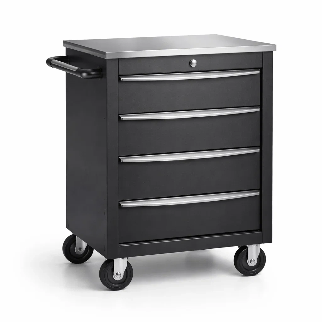 Tool Storage 4-Drawer Steel Trolley Cabinet with Wheels Black-FURNIAURA