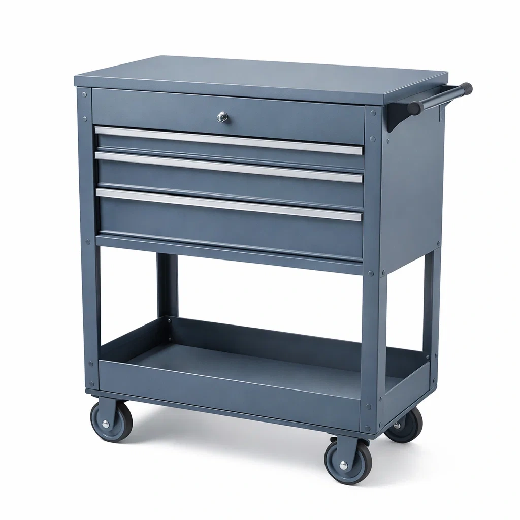 Tool Storage Steel Rolling Cart with Three Drawers and Handle Blue-FURNIAURA