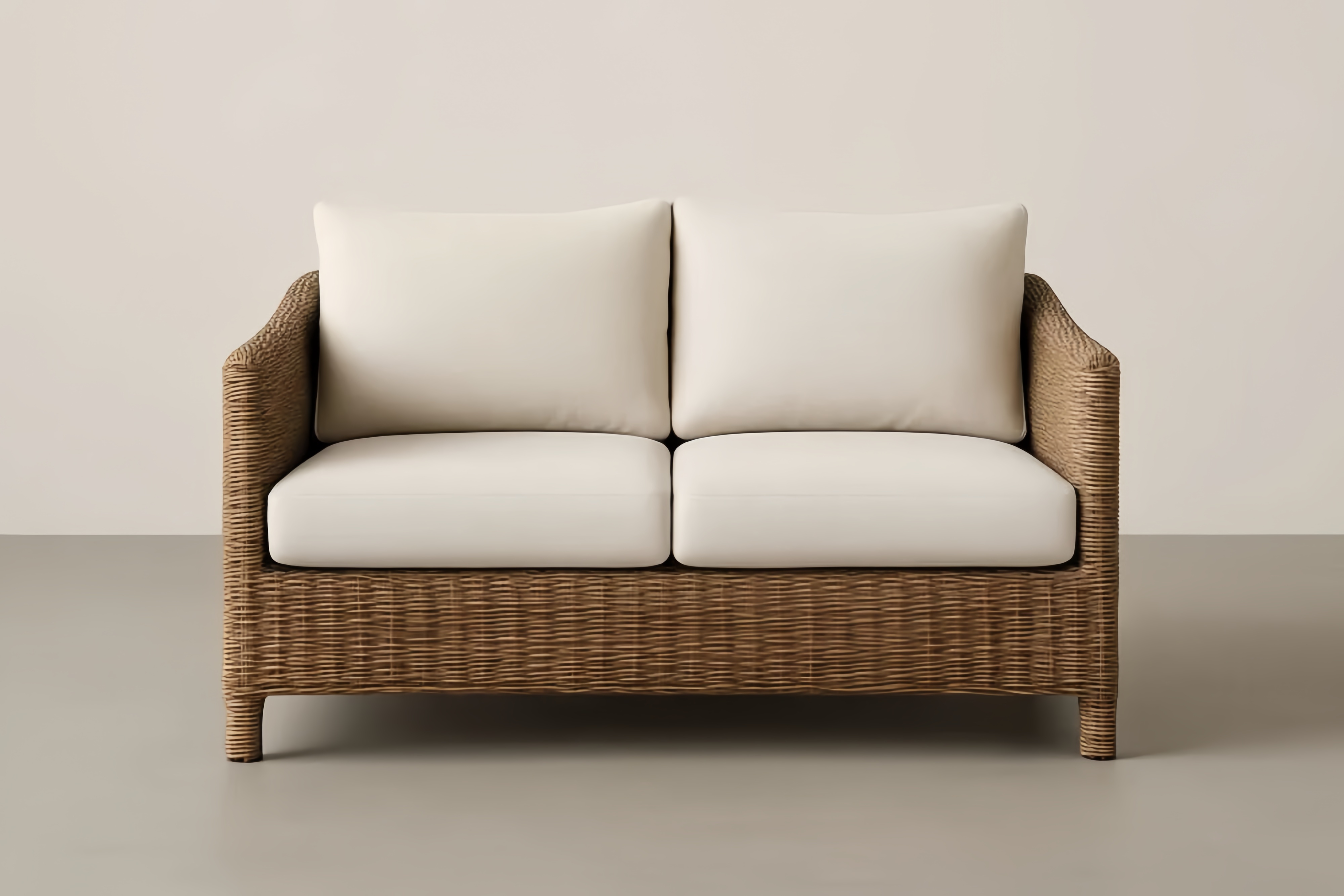 Divano a due posti in rattan e tessuto crema