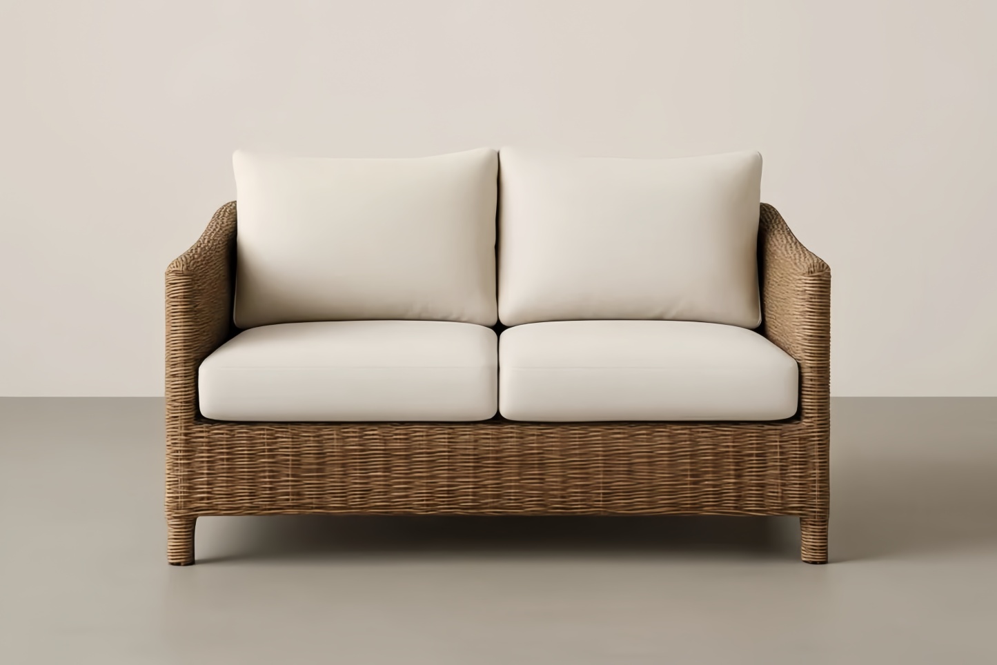 Divano a due posti in rattan e tessuto crema