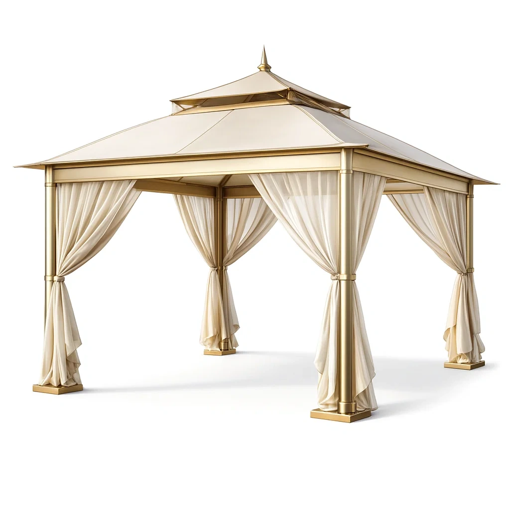 Pavillon de jardin en aluminium et polycarbonate beige avec rideaux-Mobexaro