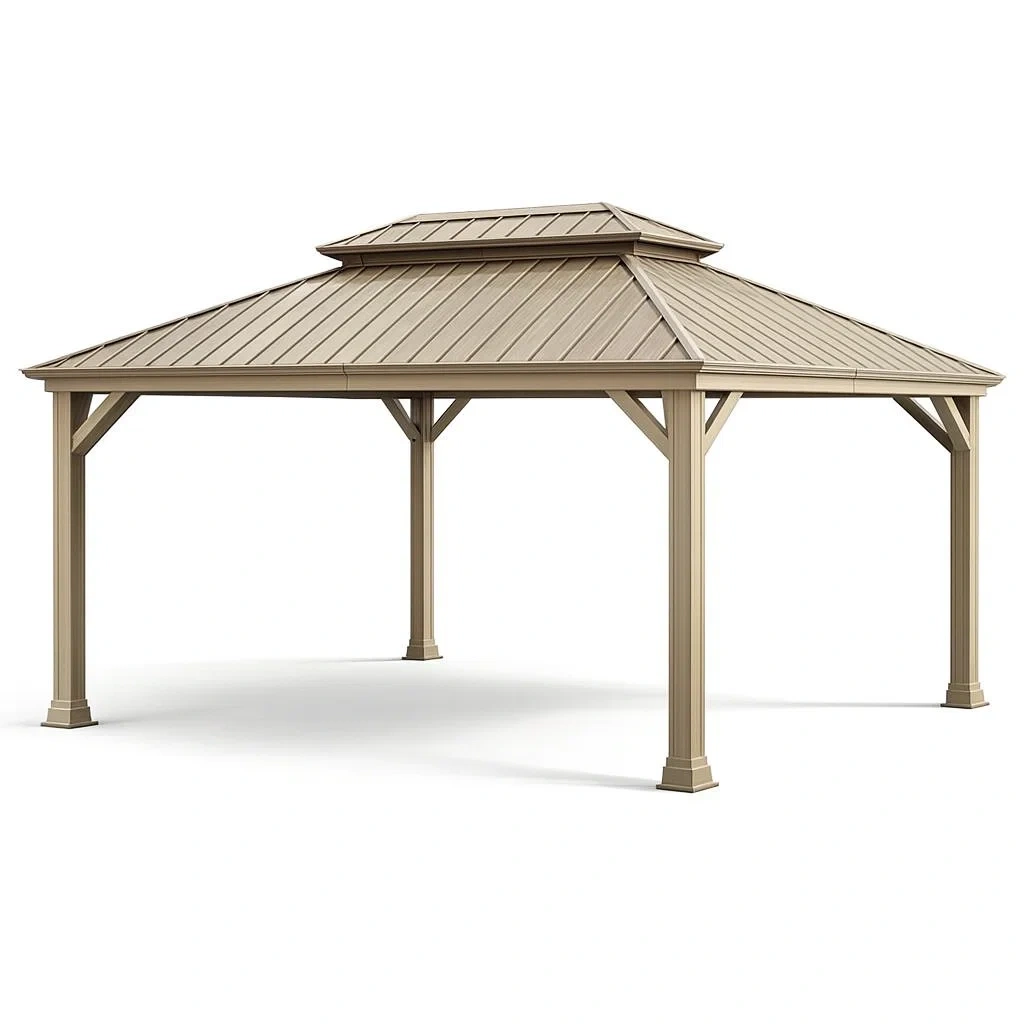 Pavillon en acier beige avec toit à deux niveaux 400 cm x 300 cm x 250 cm-Mobexaro