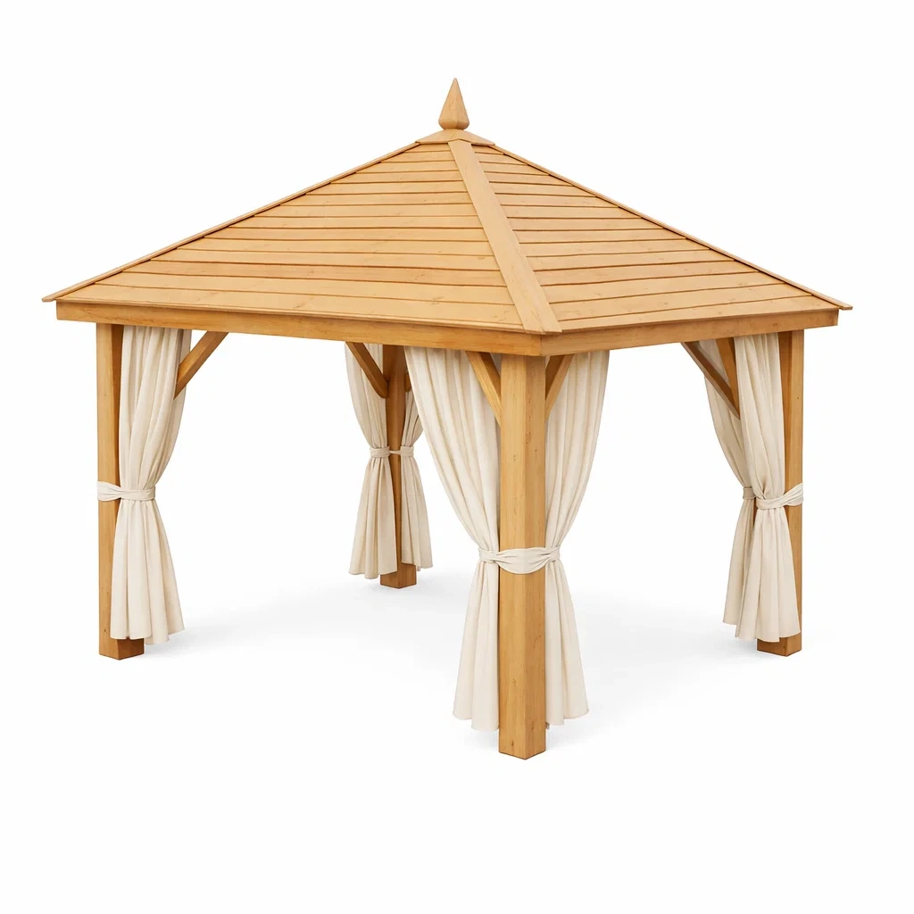 Pavillon en bois avec rideaux beige-Mobexaro