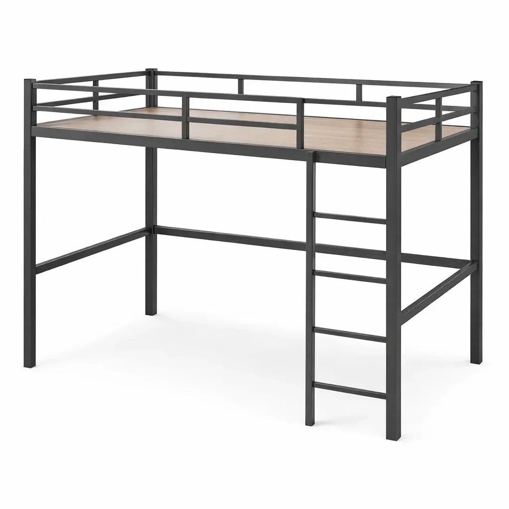 Lit mezzanine en métal avec plateforme en contreplaqué finition naturelle et échelle fixe noire 200x90x150 cm-Mobexaro