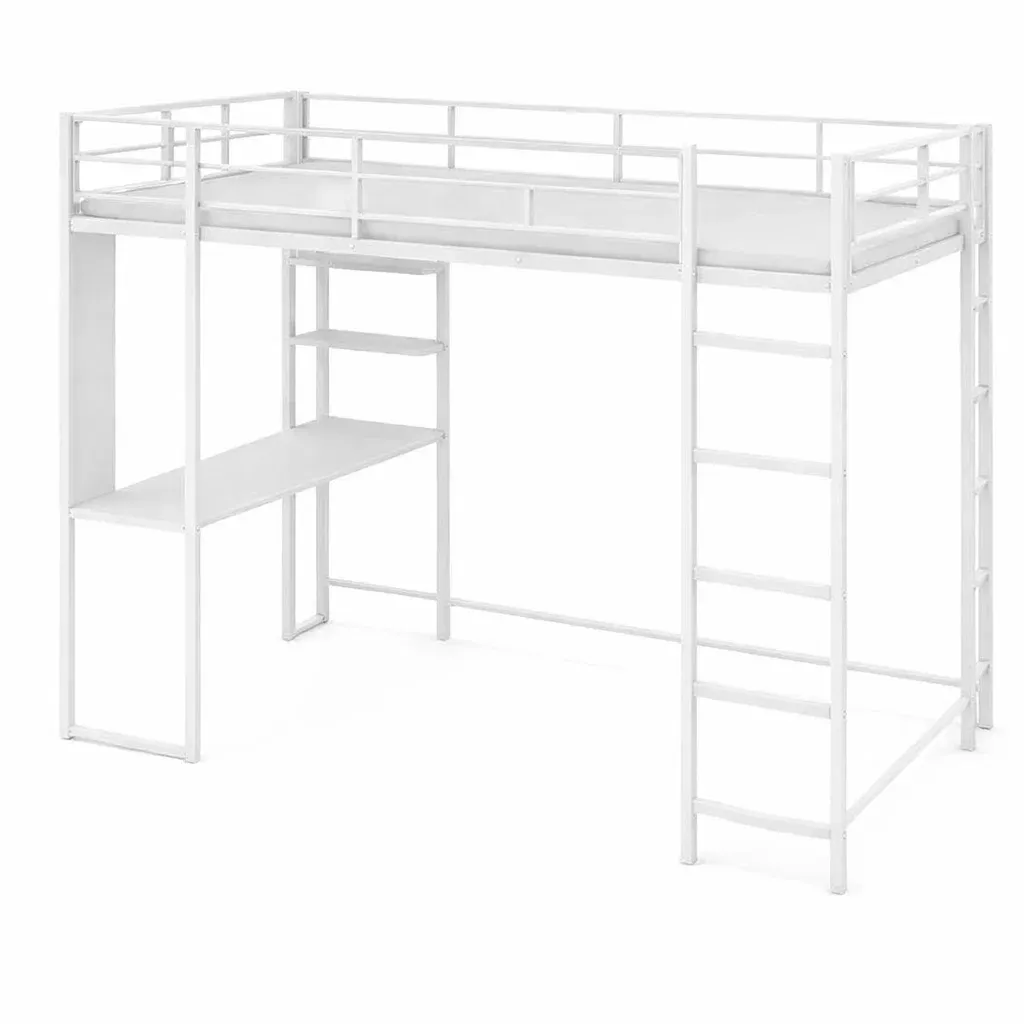 Lit mezzanine en métal blanc avec bureau et échelle-Mobexaro