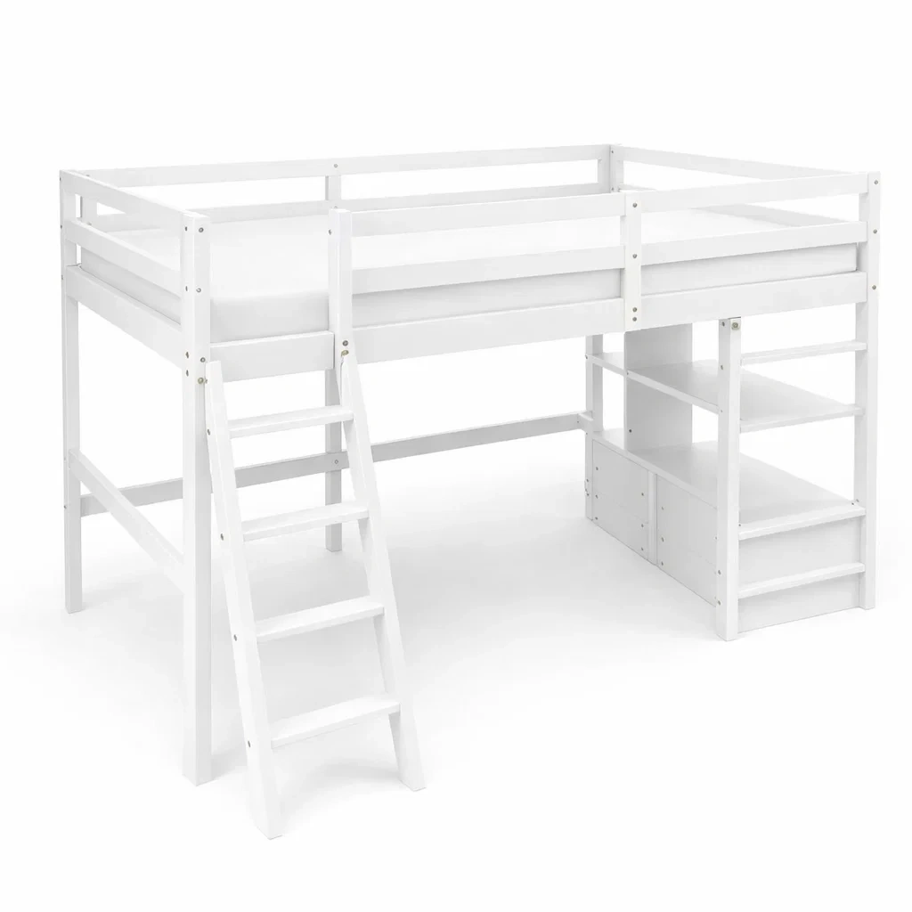 Lit mezzanine pour enfants en bois blanc avec échelle et étagères-Mobexaro
