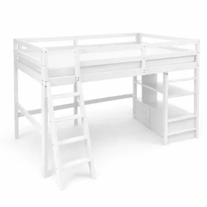 Lit mezzanine pour enfants en bois blanc avec échelle et étagères-Mobexaro