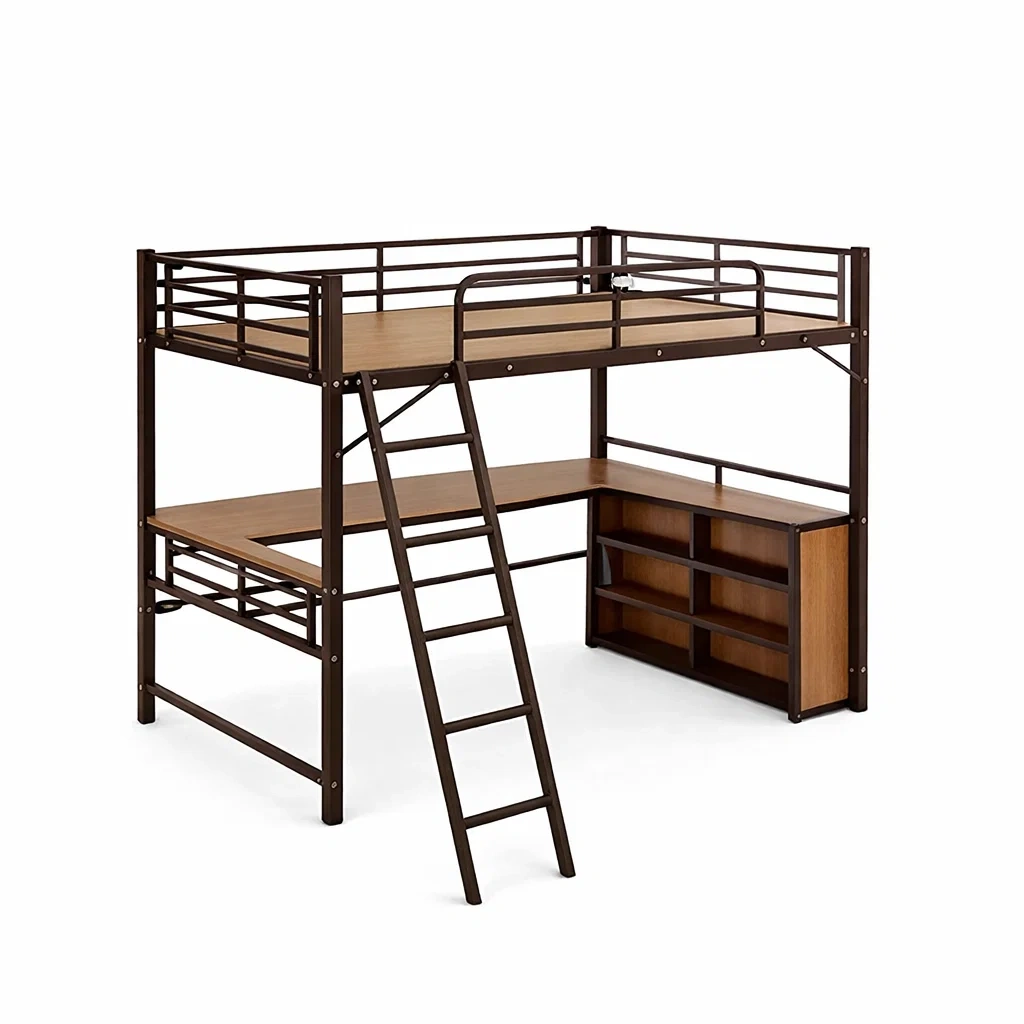 Lit mezzanine métal et bois avec bureau et étagères intégrés marron-Mobexaro