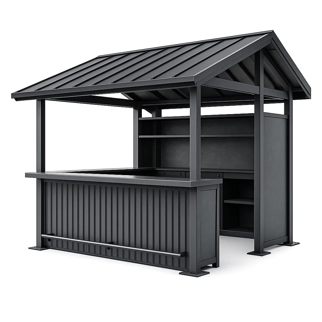 Pavillon de jardin avec bar en métal gris avec étagères et toit incliné-Mobexaro