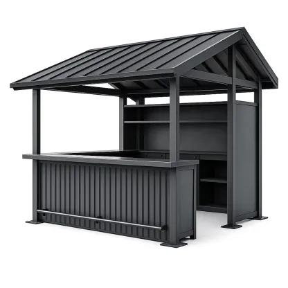 Pavillon de jardin avec bar en métal gris avec étagères et toit incliné-Mobexaro