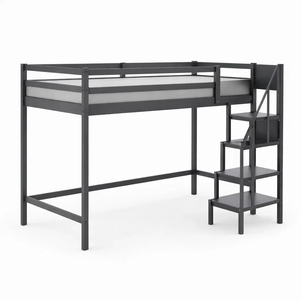 Lit mezzanine en métal gris avec escaliers-Mobexaro