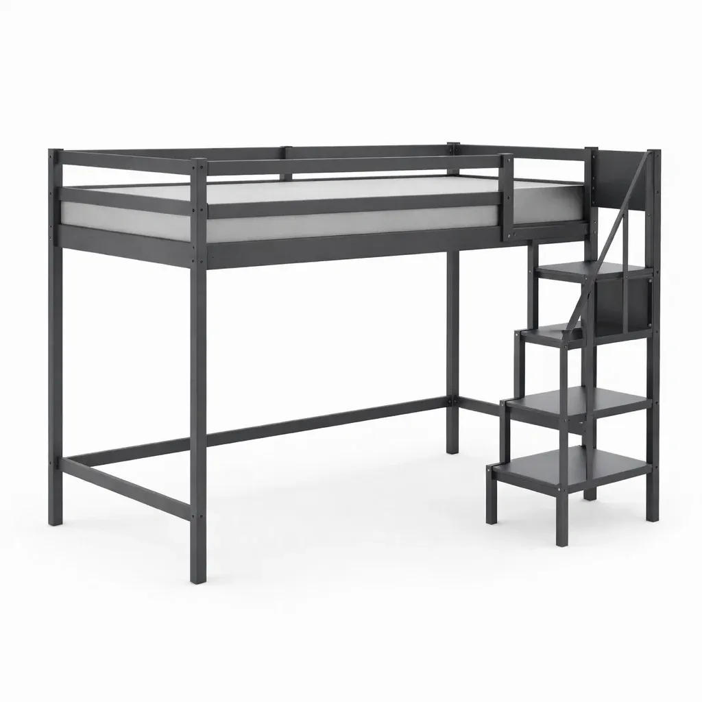 Lit mezzanine en métal gris avec escaliers-Mobexaro