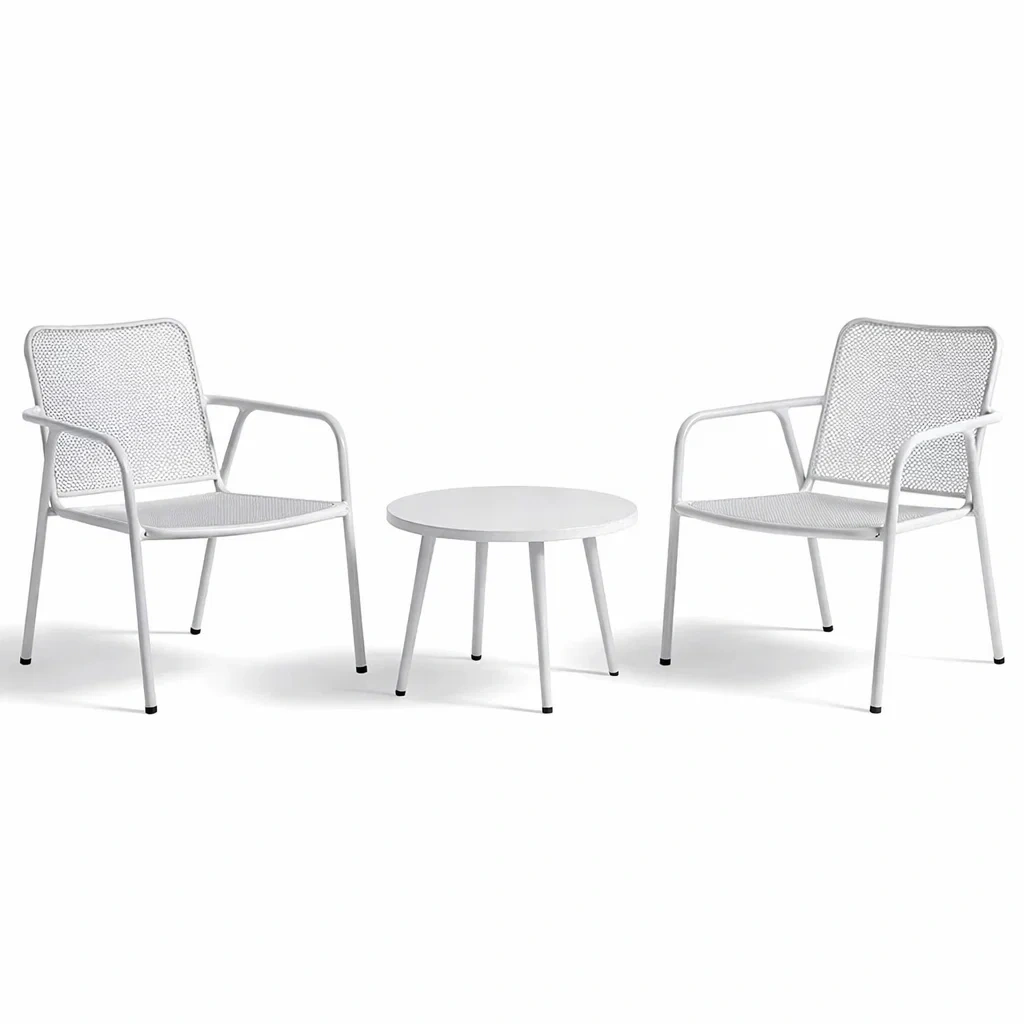 Petit salon de jardin en métal avec deux chaises et table ronde blanche-MOBETTE