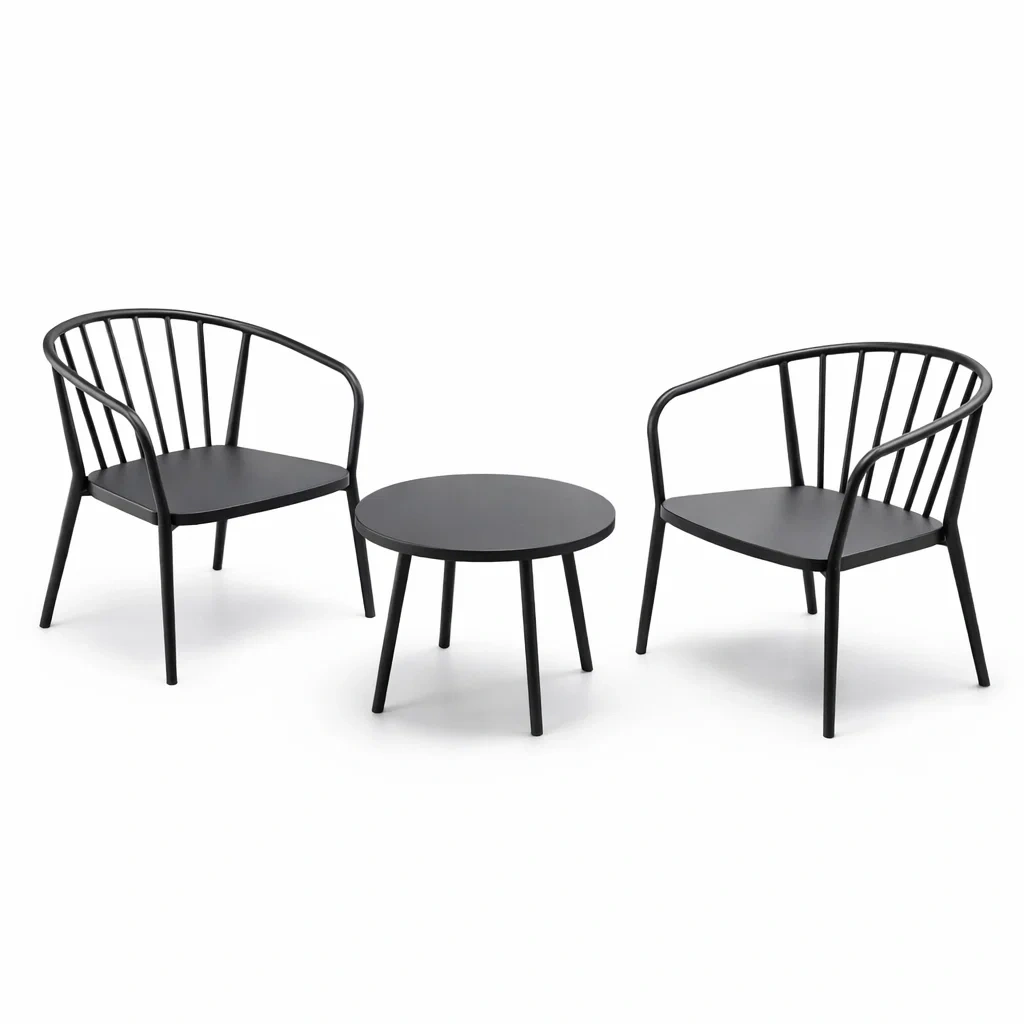 Petit salon de jardin en acier noir avec 2 fauteuils et 1 table ronde-MOBETTE