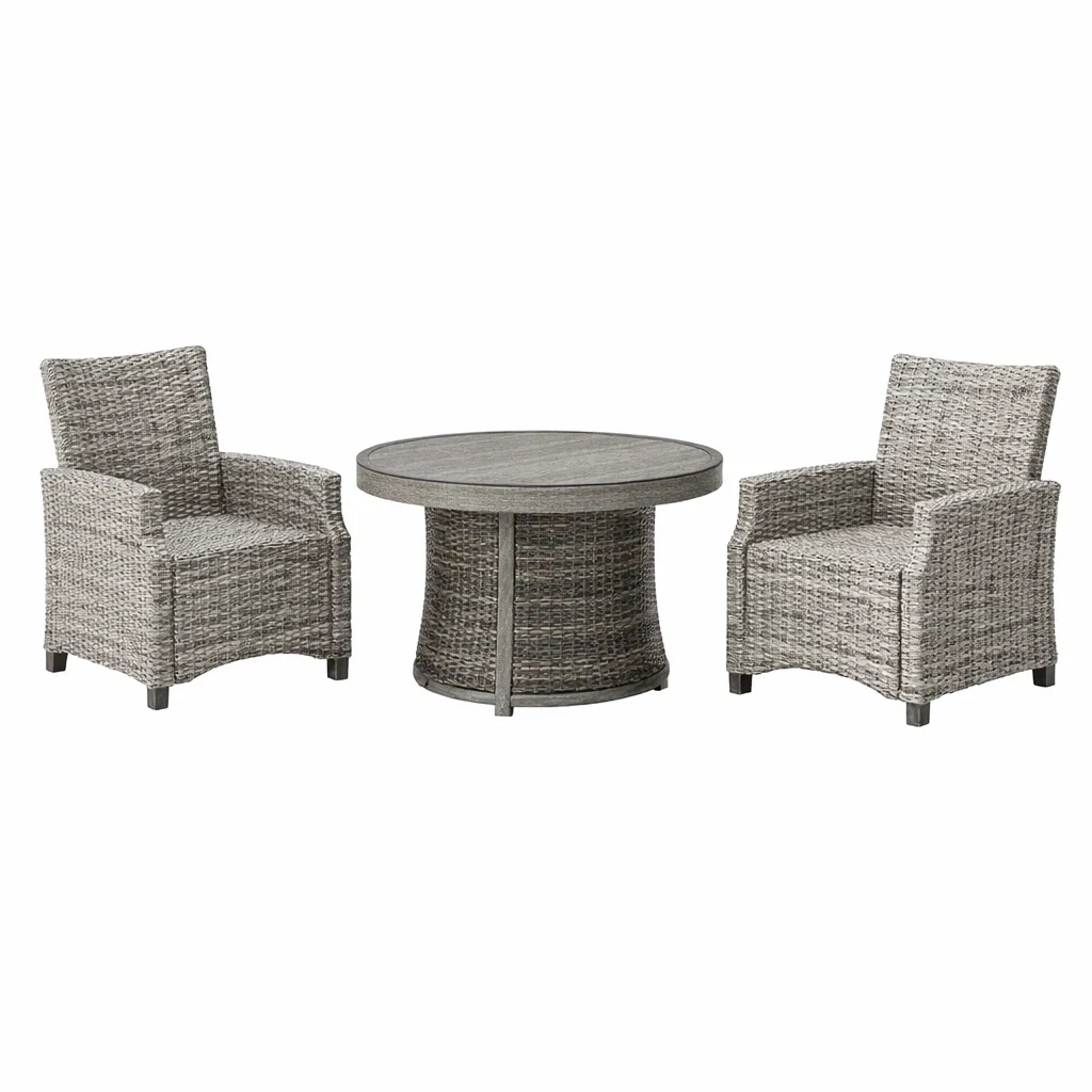 Petit salon de jardin en rotin synthétique gris avec table ronde et fauteuils-MOBETTE