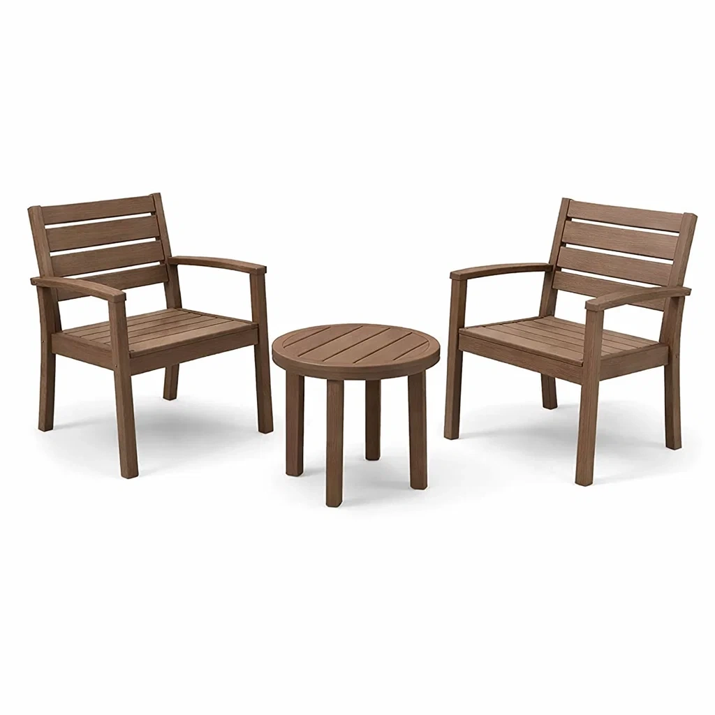 Petit salon de jardin en bois marron avec table et deux fauteuils pour extérieur-MOBETTE