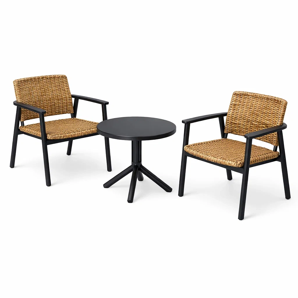 Petit salon de jardin 2 chaises en rotin synthétique et table ronde en aluminium noir-MOBETTE