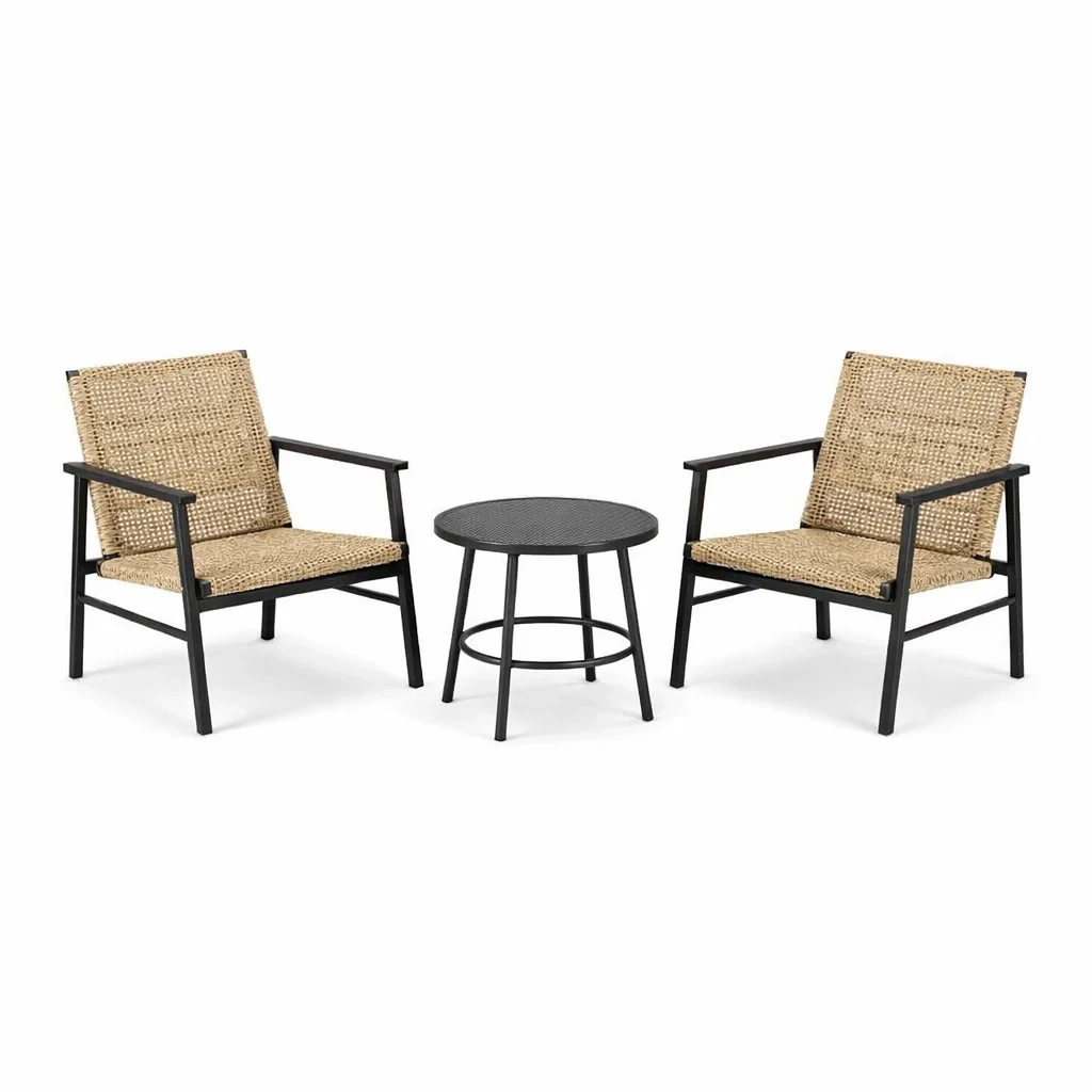 Petit salon de jardin en métal et osier synthétique noir/beige avec fauteuils et table-MOBETTE